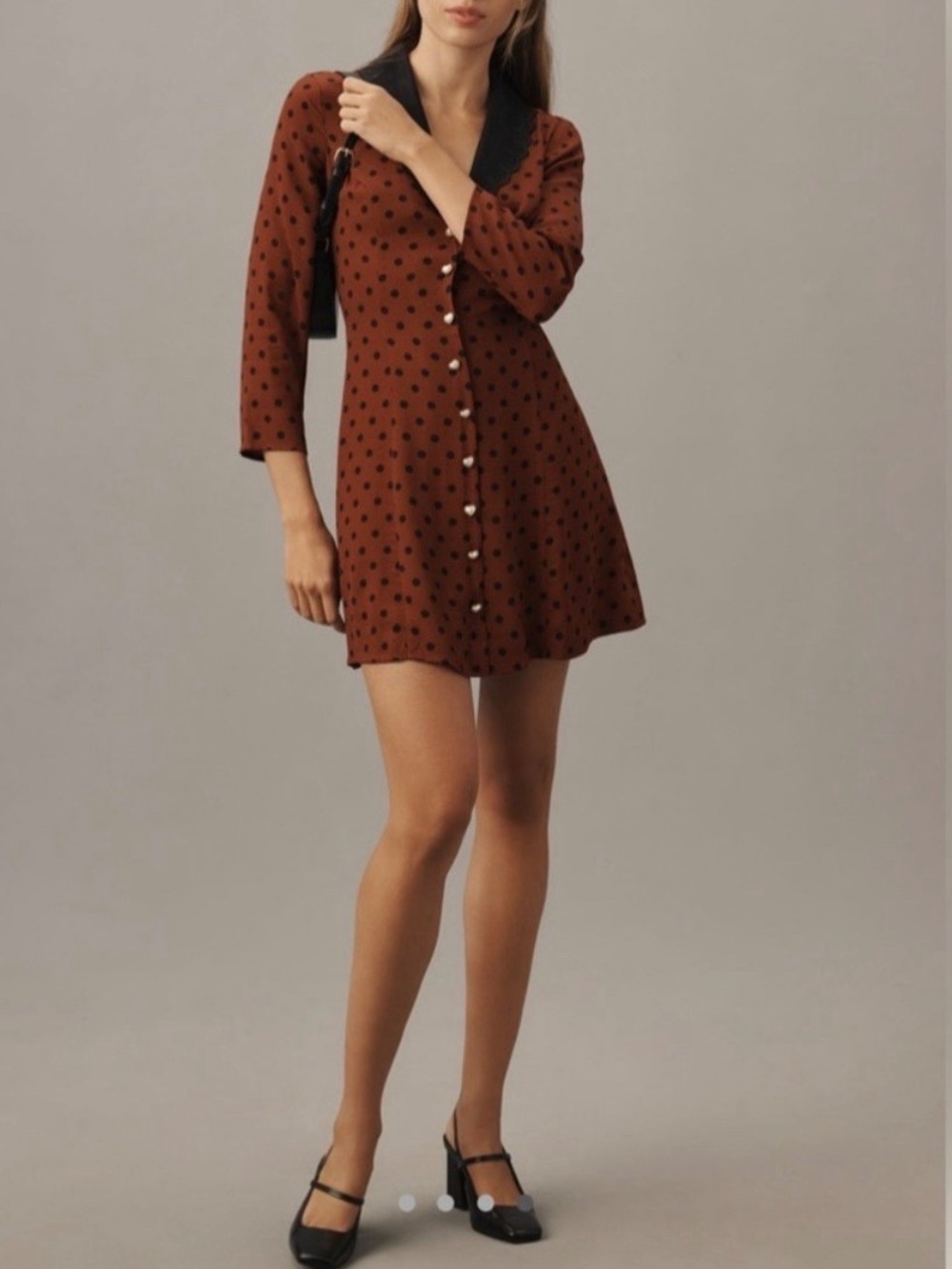 Reformation Brown Polka Dot Mini Dress with Black Scallop Collar - Picture 2 of 7